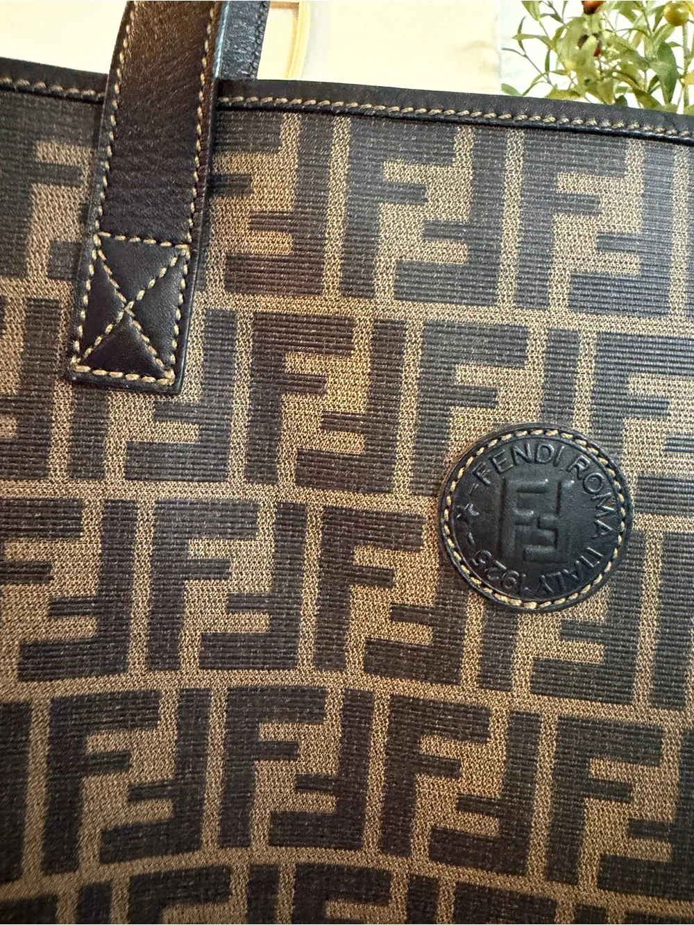 Fendi Brown FF Canvas Tote Bag with Black Leather Straps. Free COA.
